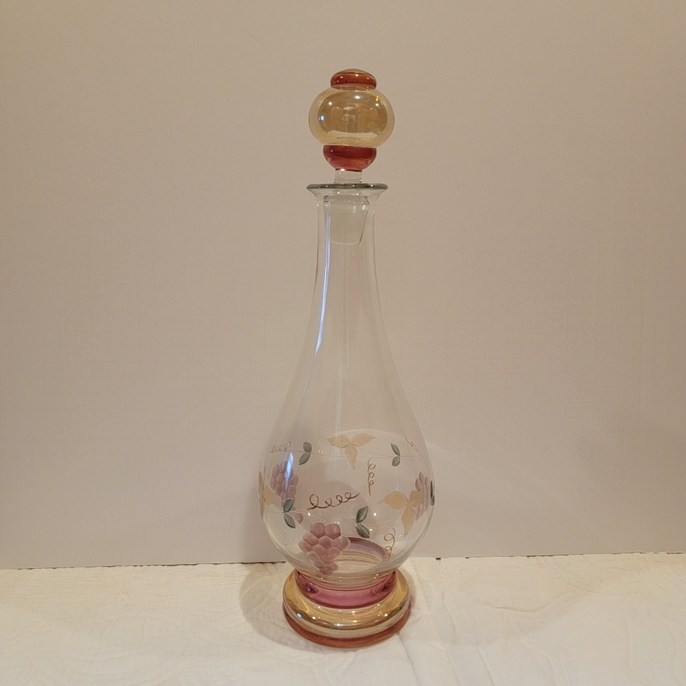 Vtg Art Glass Etched Painted Decanter W/ Stopper Genie Bottle grapes amethyst